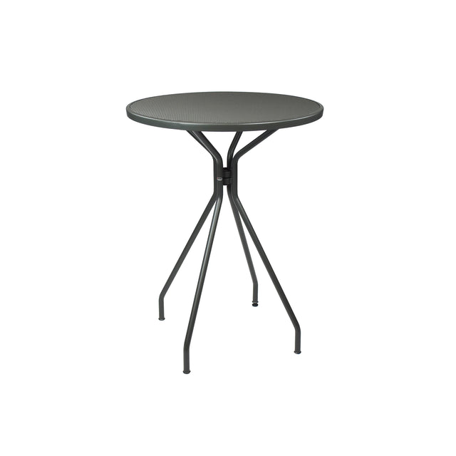 The Cambi Bar Table is a small, round, dark gray metal outdoor/indoor table with a textured mesh top. Its four slender, angled legs converge at a central point, giving it a modern, minimalist look against a plain white background.