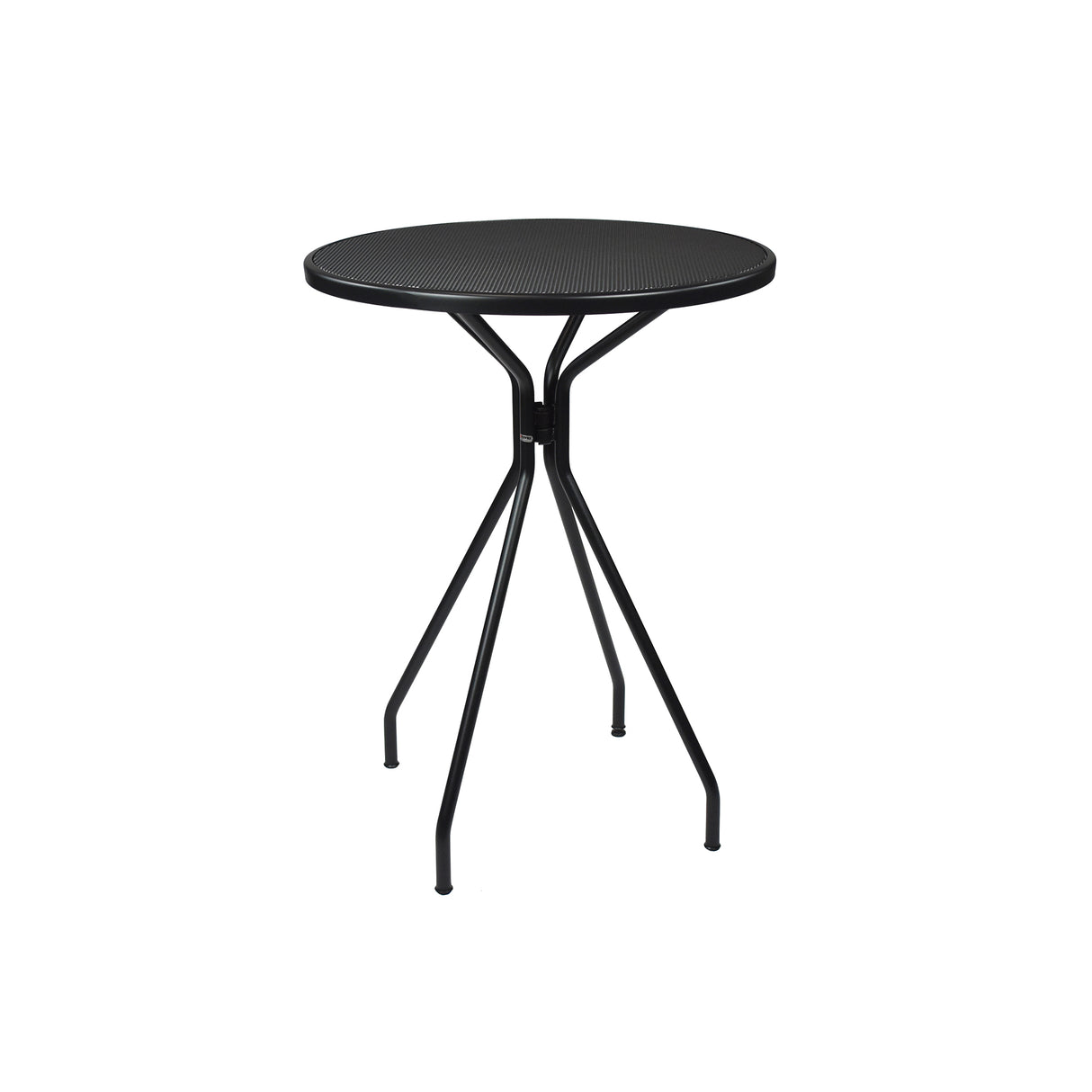 A small, round Cambi Bar Table with a black mesh top and four slender, angled legs converging at the center. This minimalist, modern outdoor bar table stands elegantly against a plain white background.