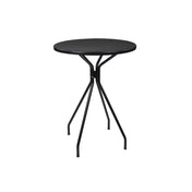 A small, round Cambi Bar Table with a black mesh top and four slender, angled legs converging at the center. This minimalist, modern outdoor bar table stands elegantly against a plain white background.
