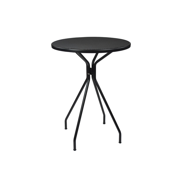 A small, round Cambi Bar Table with a black mesh top and four slender, angled legs converging at the center. This minimalist, modern outdoor bar table stands elegantly against a plain white background.