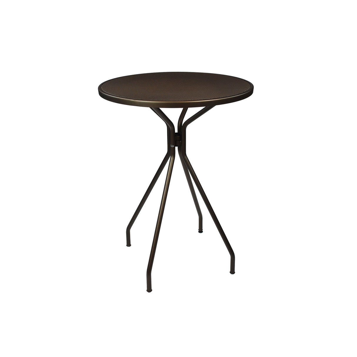 A small, round brown Cambi Bar Table with a textured mesh top and three angled, slender legs that converge at a central support. This minimalist outdoor bar table stands out against a plain white background.