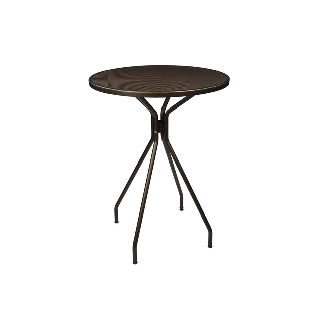 A small, round brown Cambi Bar Table with a textured mesh top and three angled, slender legs that converge at a central support. This minimalist outdoor bar table stands out against a plain white background.