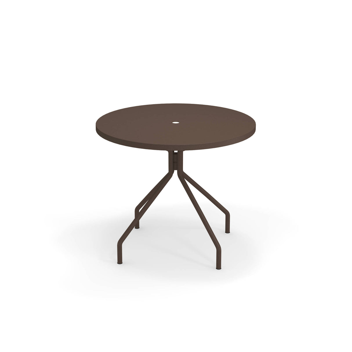 A round, brown solid steel table with a central umbrella hole, supported by four angled legs extending outward from beneath the tabletop. The minimalist, modern design suits both outdoor and indoor spaces, set against a plain white background.