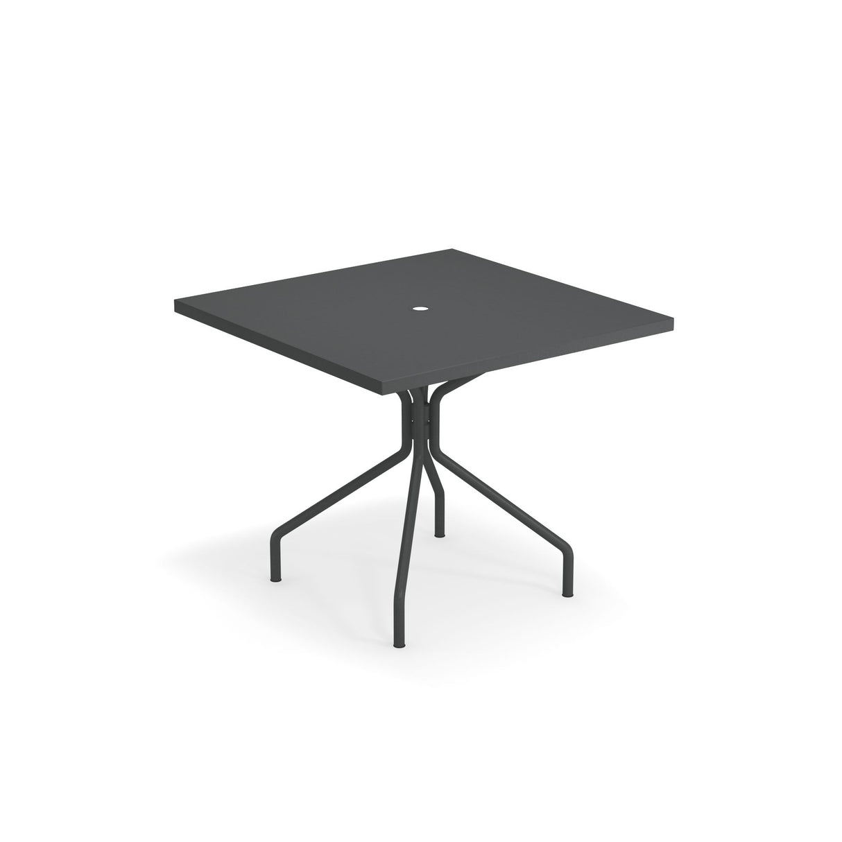 A modern, square, black solid steel table—made in Italy—with four angled legs converging at the center and a small round hole in the tabletop, ideal as an outdoor indoor table, set against a plain white background.