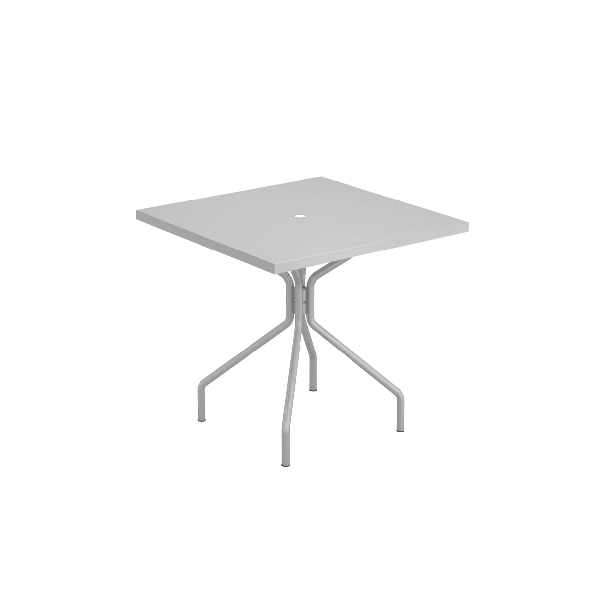 A square, light gray solid steel table with four legs that curve outward from a central support. The tabletop has a small circular hole in the center, possibly for an umbrella. Suitable as an outdoor indoor table. The background is plain white.
