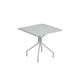 A square, light gray solid steel table with four legs that curve outward from a central support. The tabletop has a small circular hole in the center, possibly for an umbrella. Suitable as an outdoor indoor table. The background is plain white.