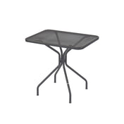 A small rectangular Cambi Table with a black metal mesh top, rounded corners, and four curved legs joining at the center beneath the tabletop, set against a white background.