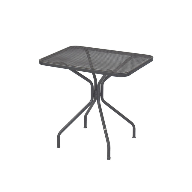 A small rectangular Cambi Table with a black metal mesh top, rounded corners, and four curved legs joining at the center beneath the tabletop, set against a white background.
