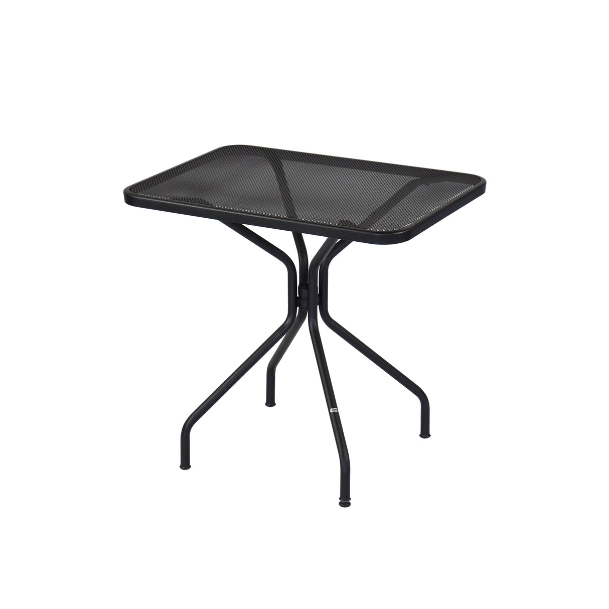 The Cambi Table is a black, rectangular metal outdoor/indoor table with a mesh top and four curved legs meeting at a central support. Its simple, modern design stands out against the white background.