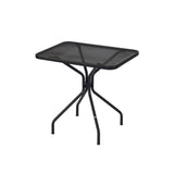 The Cambi Table is a black, rectangular metal outdoor/indoor table with a mesh top and four curved legs meeting at a central support. Its simple, modern design stands out against the white background.