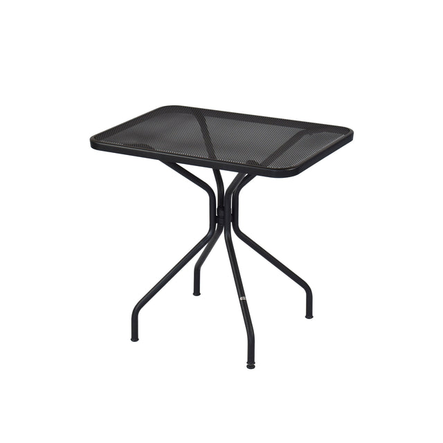The Cambi Table is a black, rectangular metal outdoor/indoor table with a mesh top and four curved legs meeting at a central support. Its simple, modern design stands out against the white background.