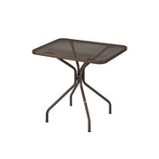 The Cambi Table is a brown, rectangular outdoor table with a mesh top and curved legs, set against a white background. Its four legs curve outward and meet in the middle for added support.