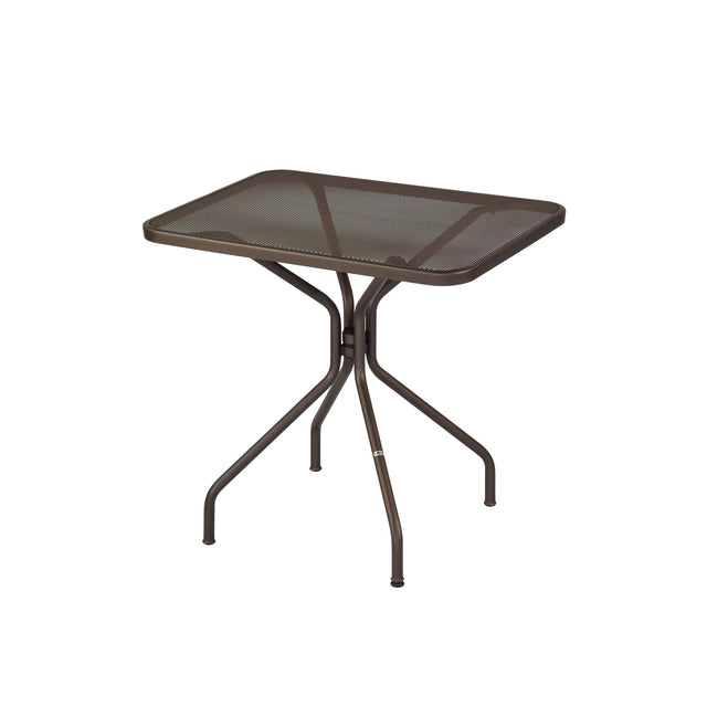 The Cambi Table is a brown, rectangular outdoor table with a mesh top and curved legs, set against a white background. Its four legs curve outward and meet in the middle for added support.