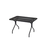 A rectangular black metal Cambi Table with a mesh tabletop and four slender, slightly angled legs. The simple, modern design makes this outdoor/indoor table lightweight and versatile against a plain white background.