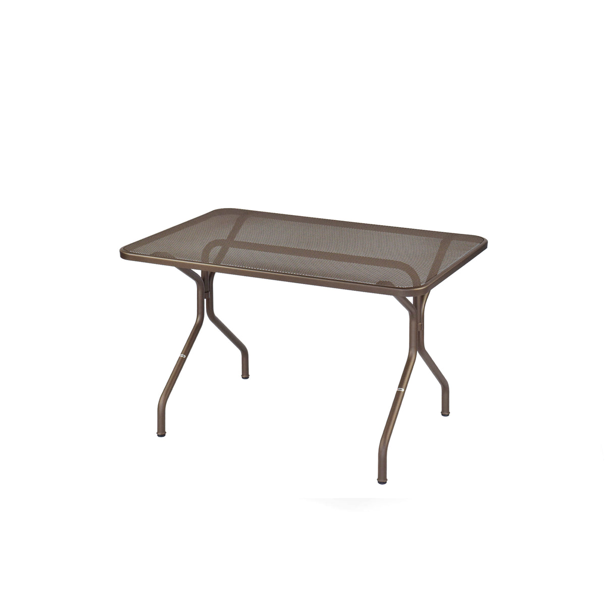 A rectangular, brown metal mesh Cambi Table with four legs. This outdoor table features a simple, minimalist design, slightly angled legs, and supportive connections for stability. Photographed on a plain white background.