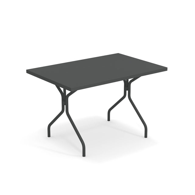A rectangular black folding table with a smooth surface and sturdy solid steel legs, slightly angled for stability. The minimalist solid steel table is shown against a plain white background.