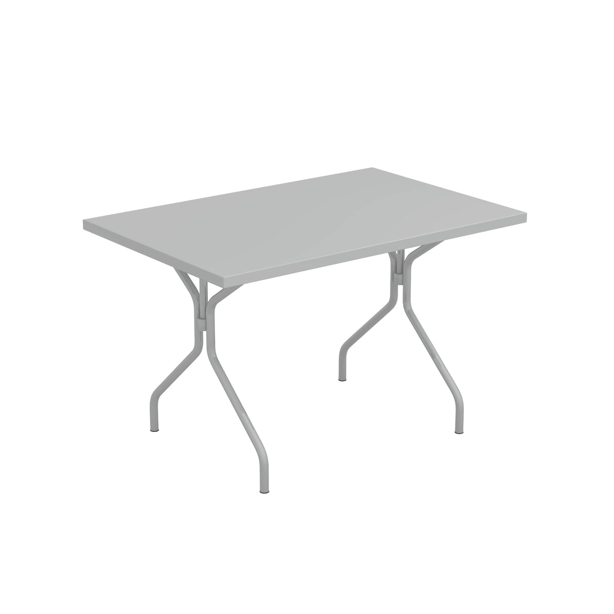 A simple rectangular folding indoor outdoor table with a smooth, flat gray surface and metal legs. The legs are angled outward with support bars for stability. The plain white background emphasizes the table’s versatile design and structure.