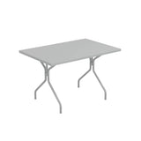 A simple rectangular folding indoor outdoor table with a smooth, flat gray surface and metal legs. The legs are angled outward with support bars for stability. The plain white background emphasizes the table’s versatile design and structure.