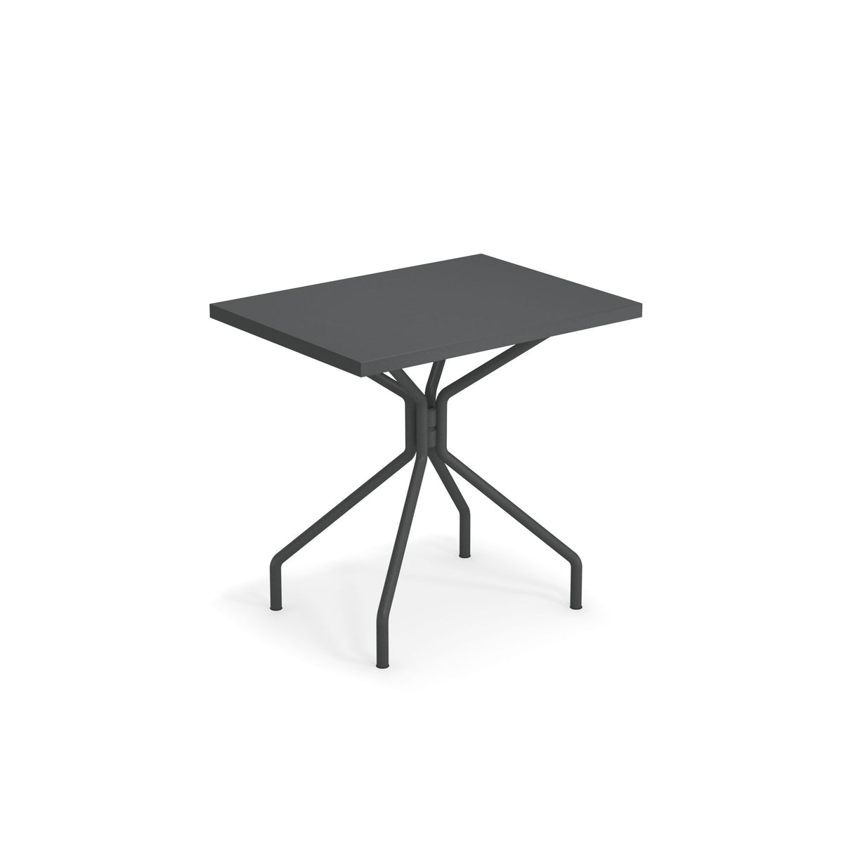 A small, rectangular solid steel table with a flat top and four angled legs branching from a central support, set against a plain white background. The modern, minimalistic design makes it ideal as an indoor outdoor table.
