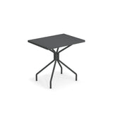 A small, rectangular solid steel table with a flat top and four angled legs branching from a central support, set against a plain white background. The modern, minimalistic design makes it ideal as an indoor outdoor table.