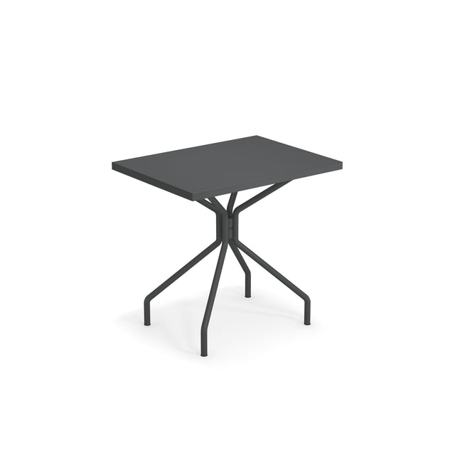 A small, rectangular solid steel table with a flat top and four angled legs branching from a central support, set against a plain white background. The modern, minimalistic design makes it ideal as an indoor outdoor table.
