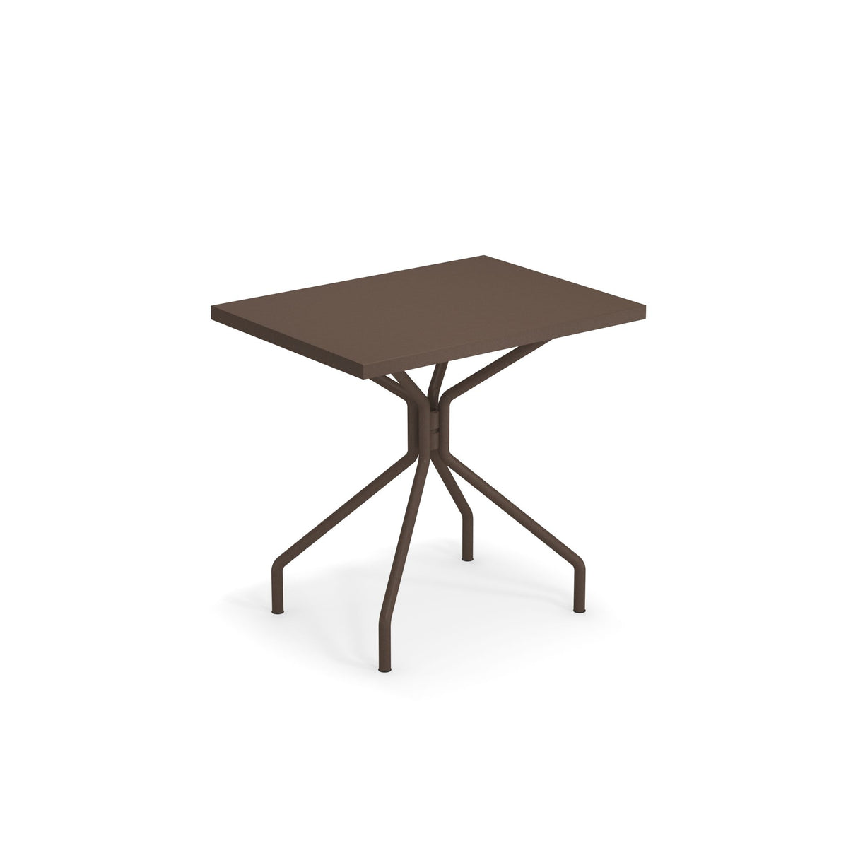 A modern, rectangular brown indoor/outdoor table with a flat top and four slender, angled legs that meet at a central point beneath the tabletop, creating a geometric, minimalist design against a white background.