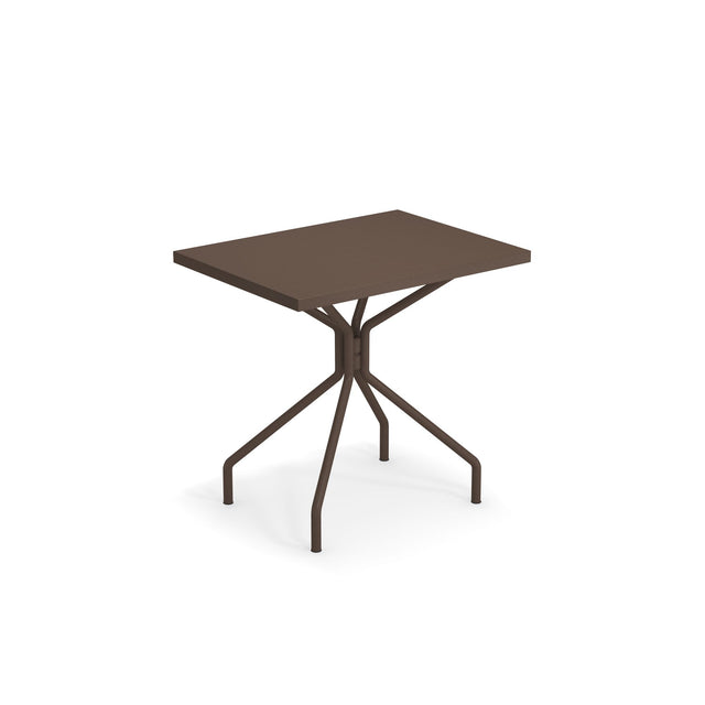 A modern, rectangular brown indoor/outdoor table with a flat top and four slender, angled legs that meet at a central point beneath the tabletop, creating a geometric, minimalist design against a white background.