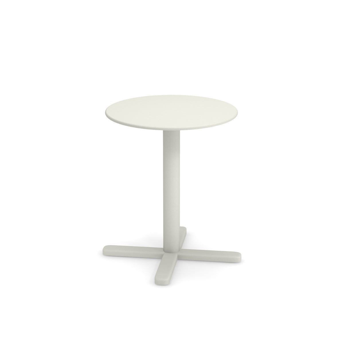 A small, round, white Darwin Tilt Top Table with a single central pedestal base branching into four flat feet, set against a plain white background. This minimalist, modern outdoor indoor table is perfect for versatile spaces.