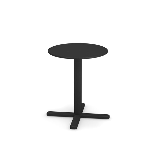 A small, round black Darwin Tilt Top Table with a flat top, single central pedestal leg, and four-legged cross-shaped base. This solid steel table features clean lines, a matte finish, and simple modern design, perfect as an outdoor indoor table.