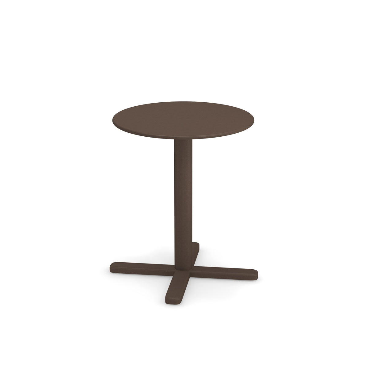A small, round, brown tilt top table with a single central pedestal and a four-legged base, standing on a plain white background. The design is simple and modern, featuring clean lines and a smooth surface.