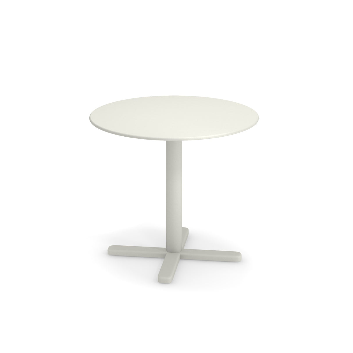 A small, round white steel dining table with a simple design, featuring a smooth tabletop, a single central cylindrical pedestal, and a four-pronged base. The background is plain white.