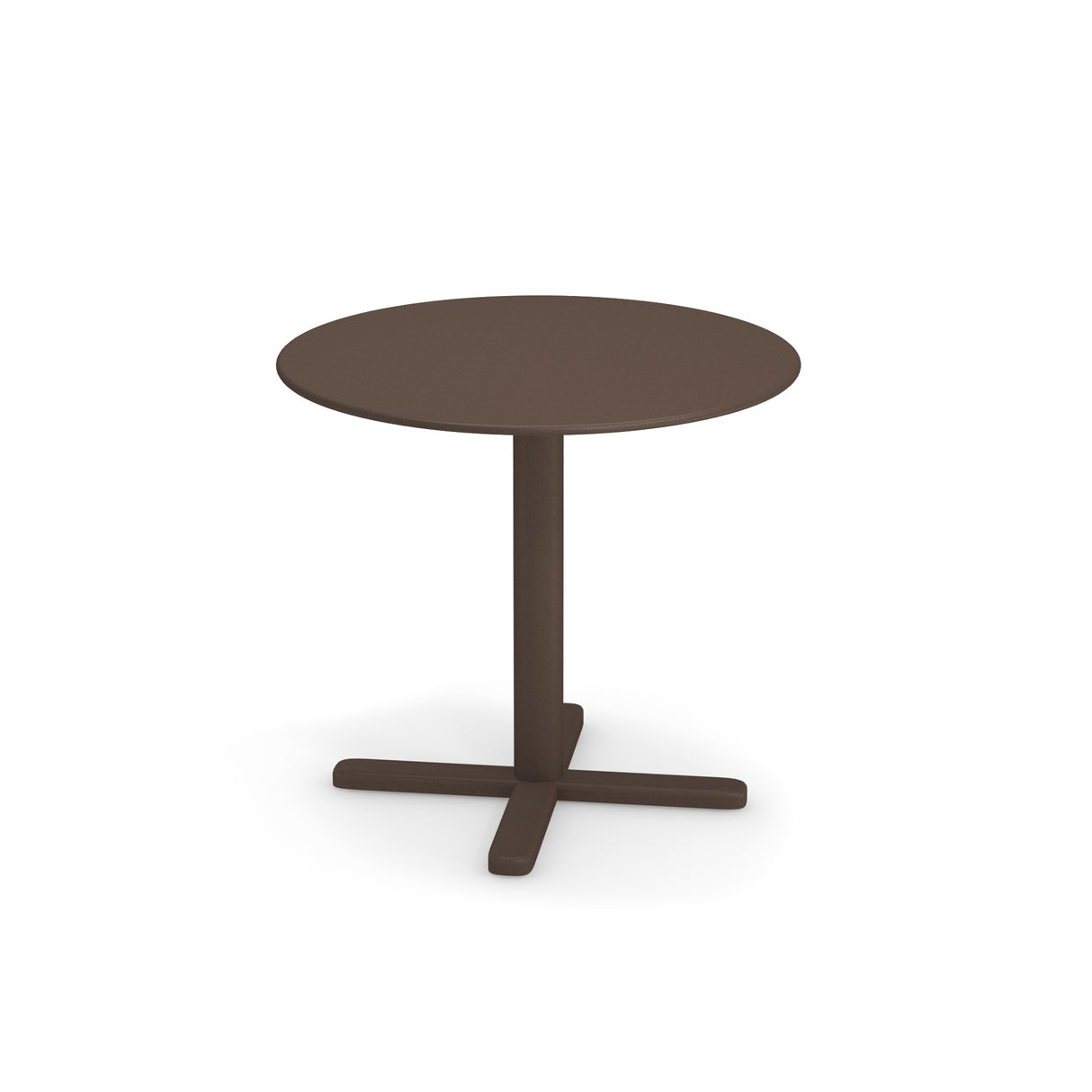 A round, dark brown Darwin Tilt Top Table with a smooth surface and single pedestal base ending in four flat feet, photographed on a white background. Its simple, modern design suits both indoor settings and outdoor dining table needs.