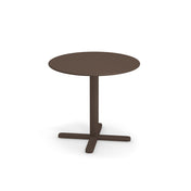 A round, dark brown Darwin Tilt Top Table with a smooth surface and single pedestal base ending in four flat feet, photographed on a white background. Its simple, modern design suits both indoor settings and outdoor dining table needs.