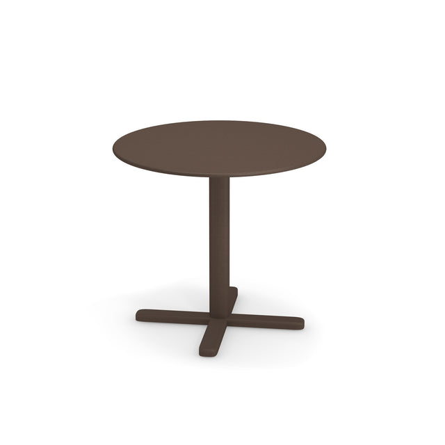 A round, dark brown Darwin Tilt Top Table with a smooth surface and single pedestal base ending in four flat feet, photographed on a white background. Its simple, modern design suits both indoor settings and outdoor dining table needs.