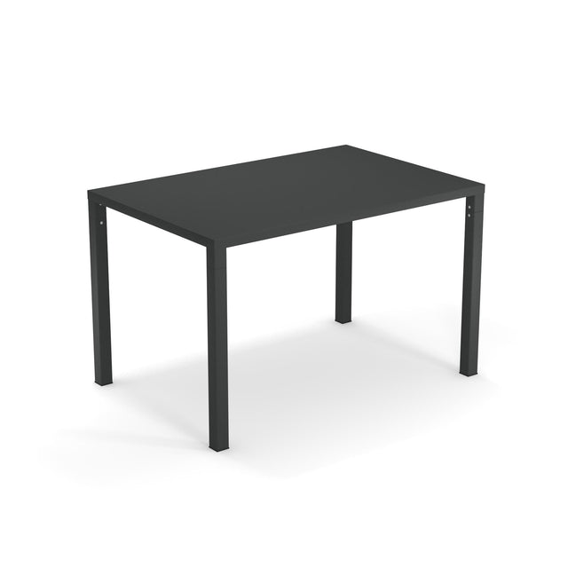 A simple, modern rectangular black stacking table with a flat surface and four straight legs. The table stands alone on a white background, casting a soft shadow beneath it.