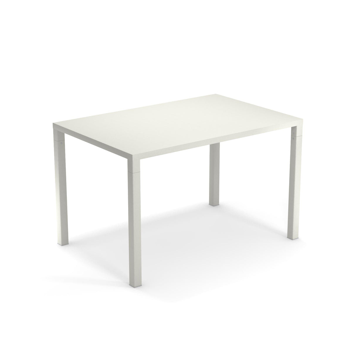 A plain rectangular white Nova Stacking Table with a smooth surface and four straight legs, shown on a white background. This steel table features a minimalist, modern design with no decorative features, ideal as an indoor/outdoor table.
