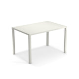 A plain rectangular white Nova Stacking Table with a smooth surface and four straight legs, shown on a white background. This steel table features a minimalist, modern design with no decorative features, ideal as an indoor/outdoor table.