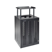 A black metal Dado Litter Bin with a square base, perforated sides, and a flat, elevated lid supported by four vertical posts. This steel frame bin leaves the round opening accessible for depositing trash underneath the lid.