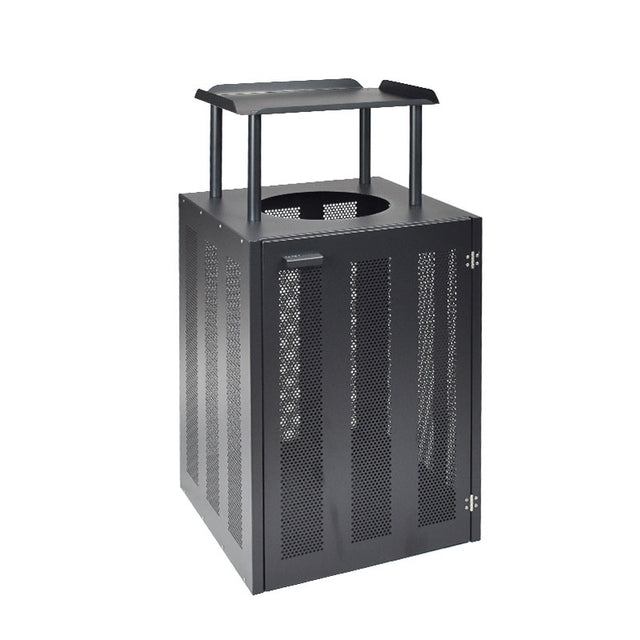 A black metal Dado Litter Bin with a square base, perforated sides, and a flat, elevated lid supported by four vertical posts. This steel frame bin leaves the round opening accessible for depositing trash underneath the lid.