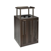 A brown steel frame litter bin with a perforated design and four vertical panels. It features a flat roof supported by four posts, offering partial cover over the central round trash opening—ideal for outdoor spaces.
