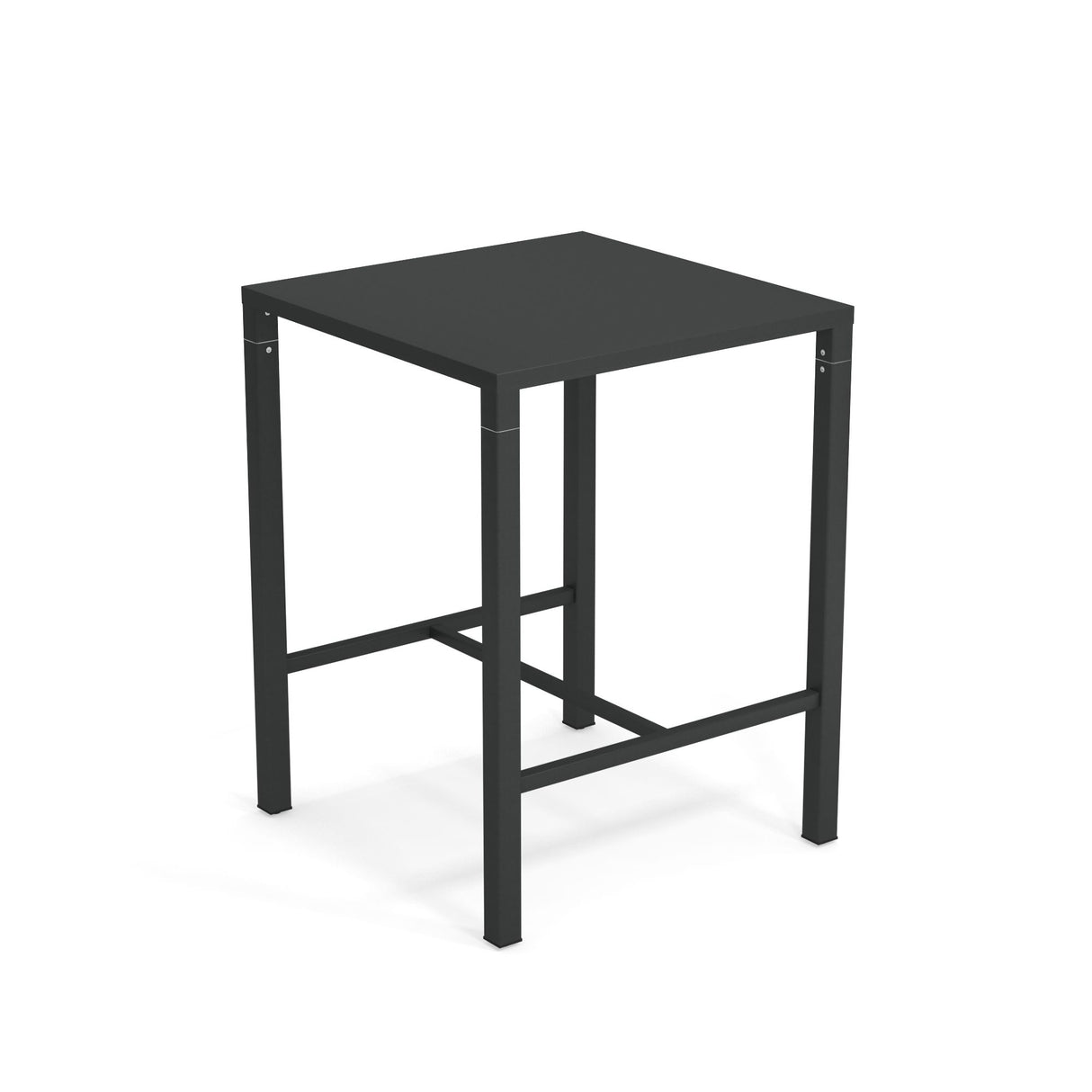 A simple, modern black Nova Bar Table with a flat top and four straight legs. Horizontal support bars near the bottom add sturdiness to this minimalist outdoor bar table, set against a plain white background.