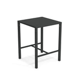 A simple, modern black Nova Bar Table with a flat top and four straight legs. Horizontal support bars near the bottom add sturdiness to this minimalist outdoor bar table, set against a plain white background.
