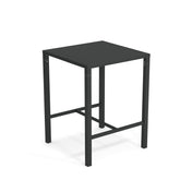 A simple, modern black Nova Bar Table with a flat top and four straight legs. Horizontal support bars near the bottom add sturdiness to this minimalist outdoor bar table, set against a plain white background.