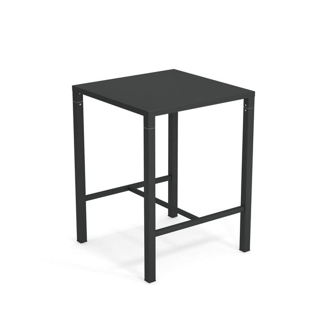 A simple, modern black Nova Bar Table with a flat top and four straight legs. Horizontal support bars near the bottom add sturdiness to this minimalist outdoor bar table, set against a plain white background.
