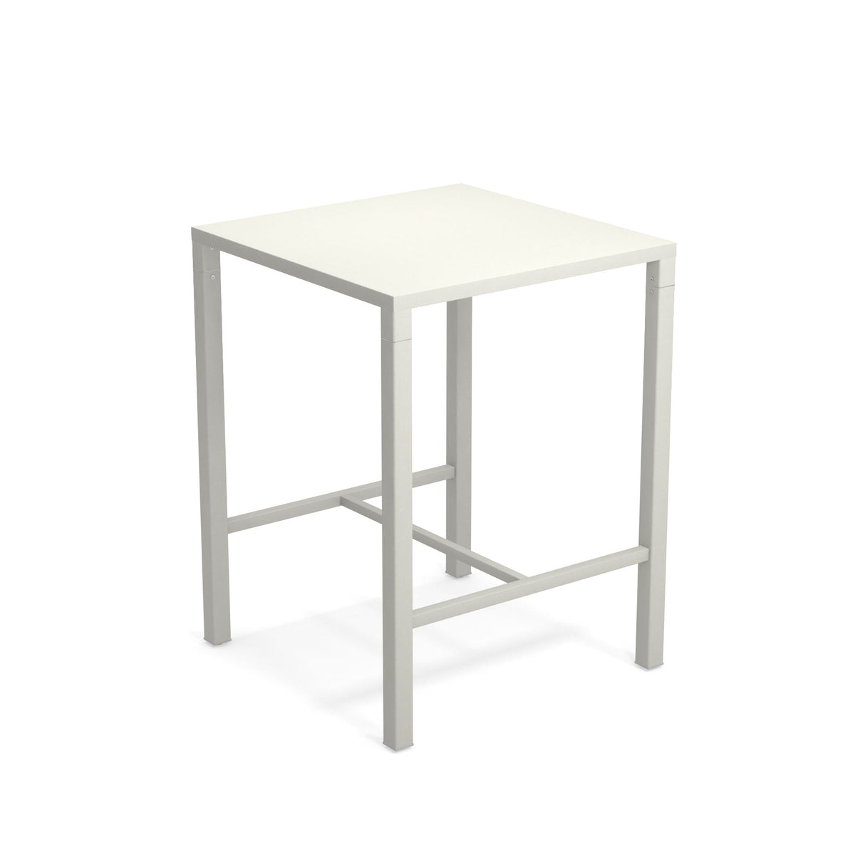The Nova Bar Table is a simple, modern square high table with a white tabletop and four straight, light gray steel legs. Designed for outdoor/indoor use, the legs feature horizontal support bars near the bottom for added stability.