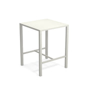 The Nova Bar Table is a simple, modern square high table with a white tabletop and four straight, light gray steel legs. Designed for outdoor/indoor use, the legs feature horizontal support bars near the bottom for added stability.
