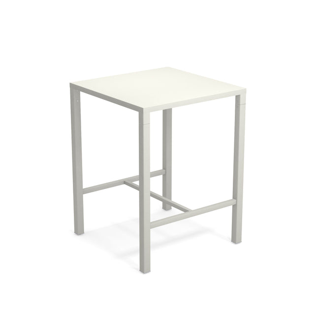 The Nova Bar Table is a simple, modern square high table with a white tabletop and four straight, light gray steel legs. Designed for outdoor/indoor use, the legs feature horizontal support bars near the bottom for added stability.