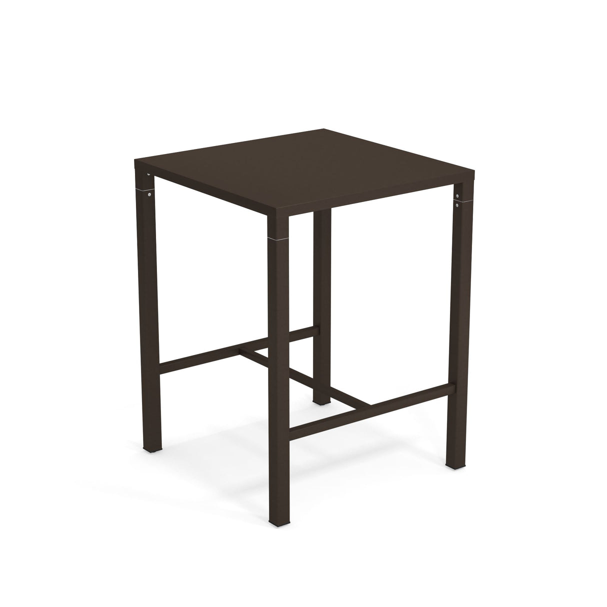A square, dark brown steel bar table with four straight legs and a minimalist design. The table features a simple, flat top and support bars near the base, perfect as an outdoor bar table on any patio or terrace.