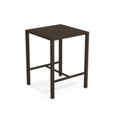 A square, dark brown steel bar table with four straight legs and a minimalist design. The table features a simple, flat top and support bars near the base, perfect as an outdoor bar table on any patio or terrace.
