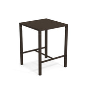 A square, dark brown steel bar table with four straight legs and a minimalist design. The table features a simple, flat top and support bars near the base, perfect as an outdoor bar table on any patio or terrace.